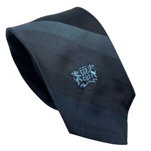 Howard Cohn by Damon Mens Silk Necktie Blue/Black Striped Embroidered Crest Logo